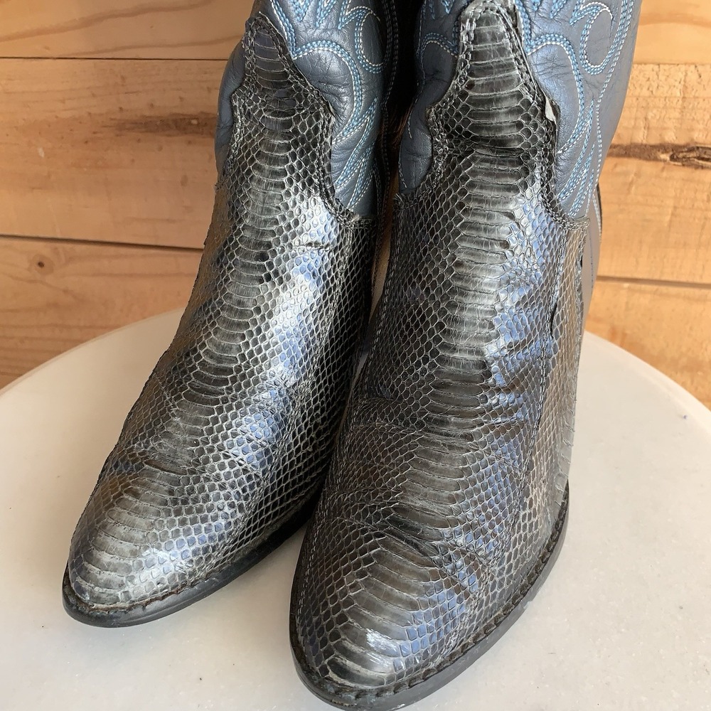 VTG Acme Women's Cowboy Western Boots 8N Snake 70s Grey Blue Stitch *Wear* - Picture 5 of 10